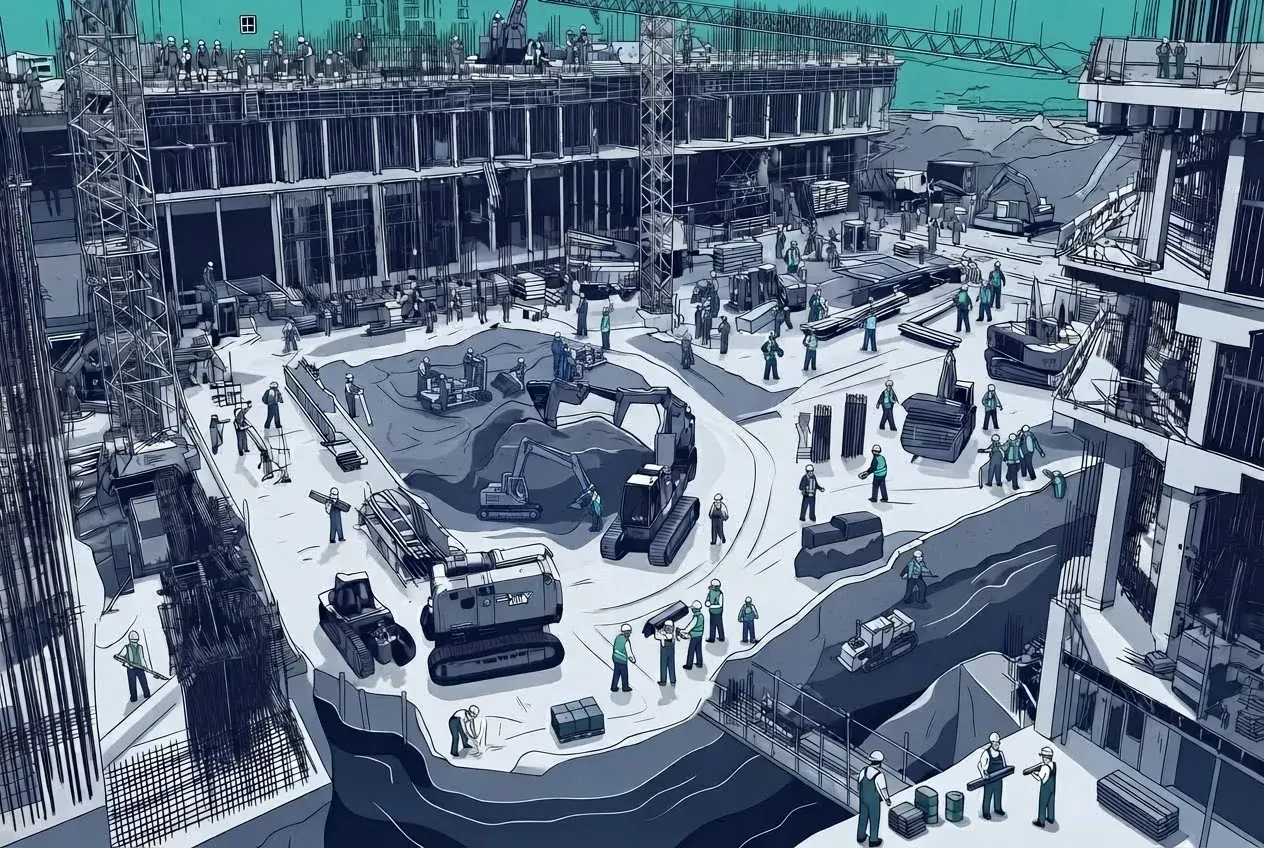 Illustrated aerial view of a busy construction site with dozens of workers, excavators, a tower crane, and a concrete structure under construction.