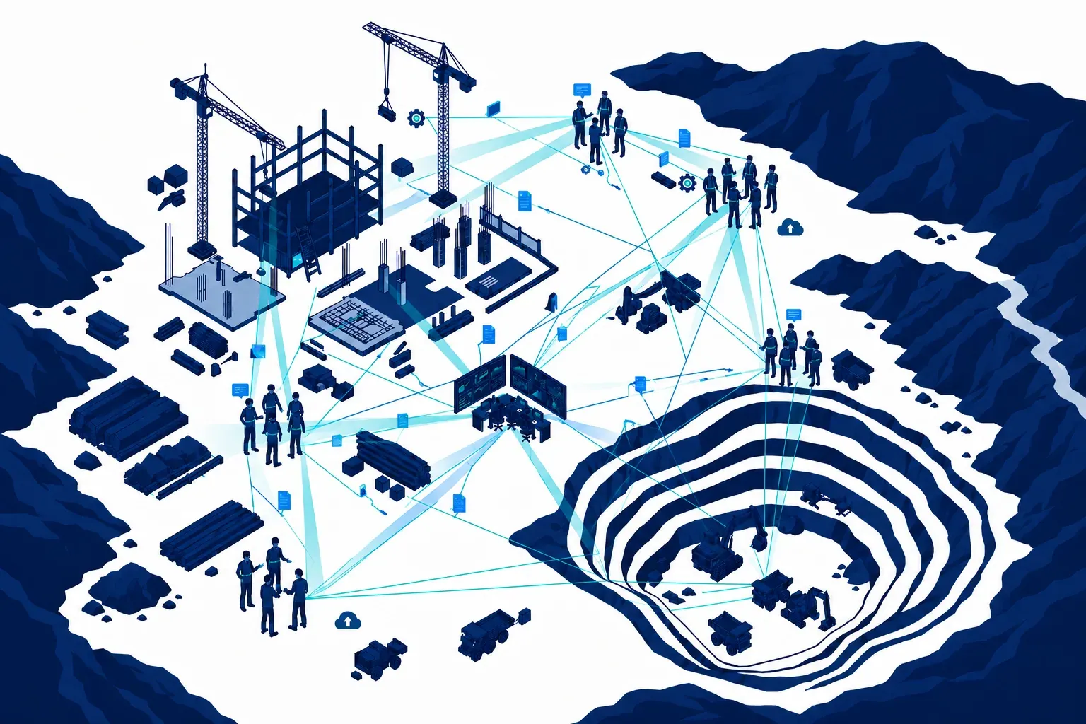 AI Field Intelligence connecting workers, equipment, and site leaders across a construction site and open pit mine.