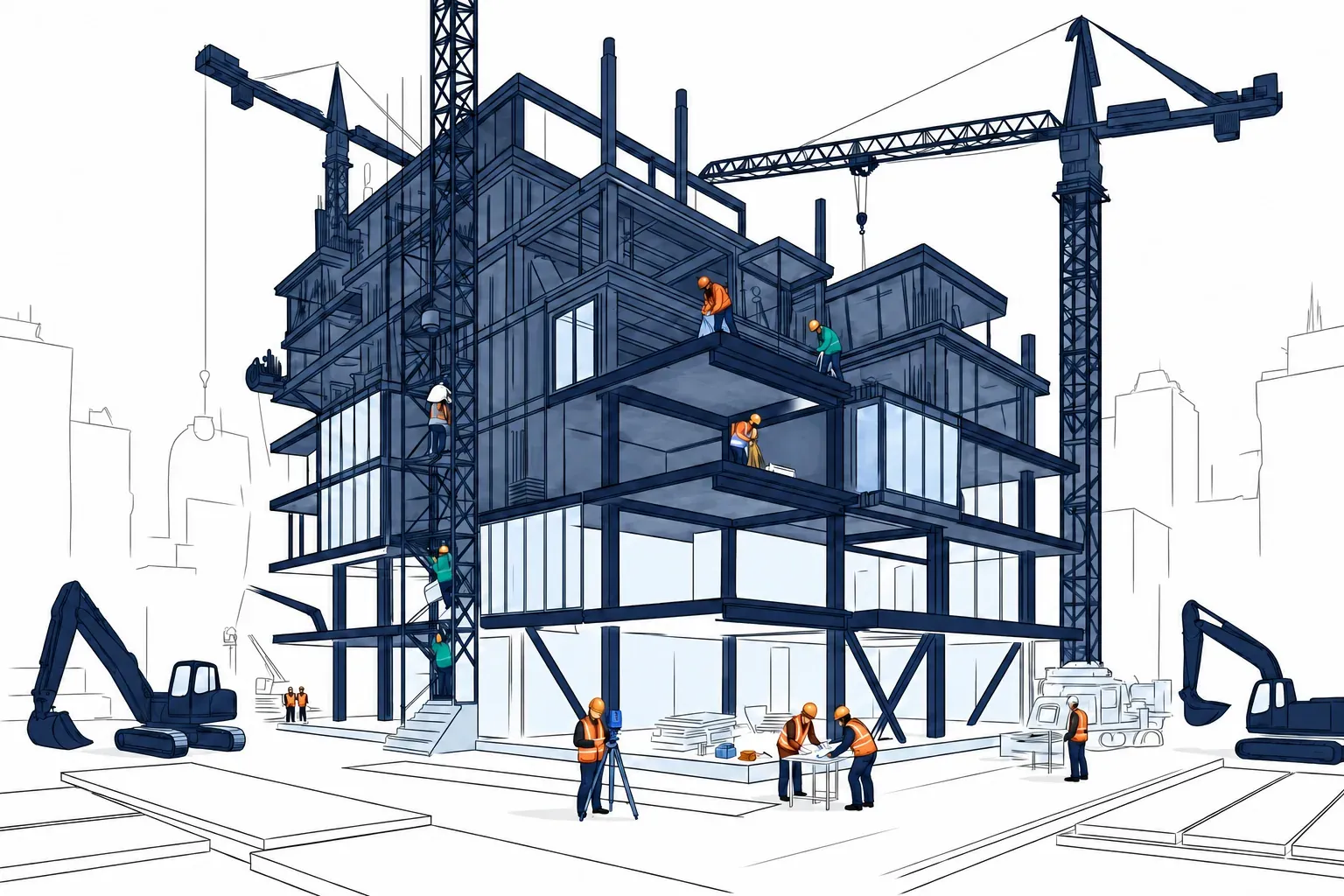 Steel-frame building under construction with two tower cranes, excavators, and workers on multiple levels
