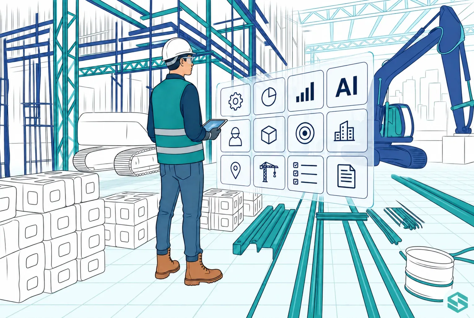 “A construction worker on site using AI on a tablet, with a screen of AI tools and icons floating in front of a building under construction.
