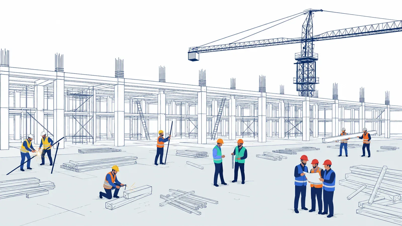 Construction crew working across a large jobsite with a tower crane, steel framing, and site leaders reviewing plans