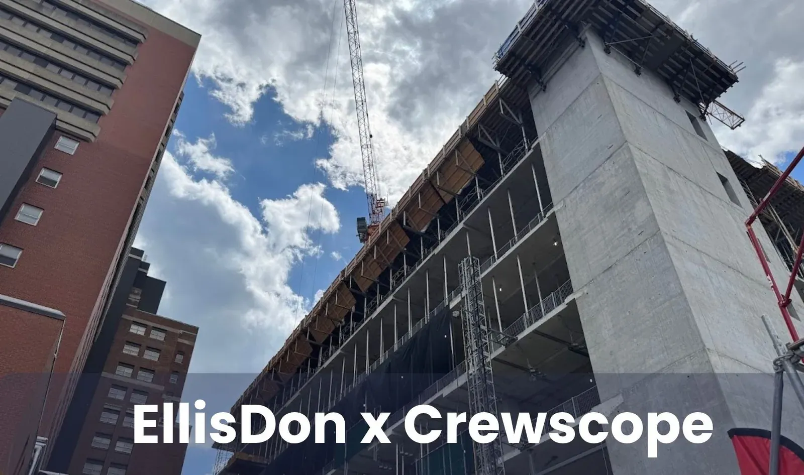 EllisDon's UHN Toronto Western Hospital construction site: a multi-storey concrete structure with a tower crane, hoist, and safety netting.