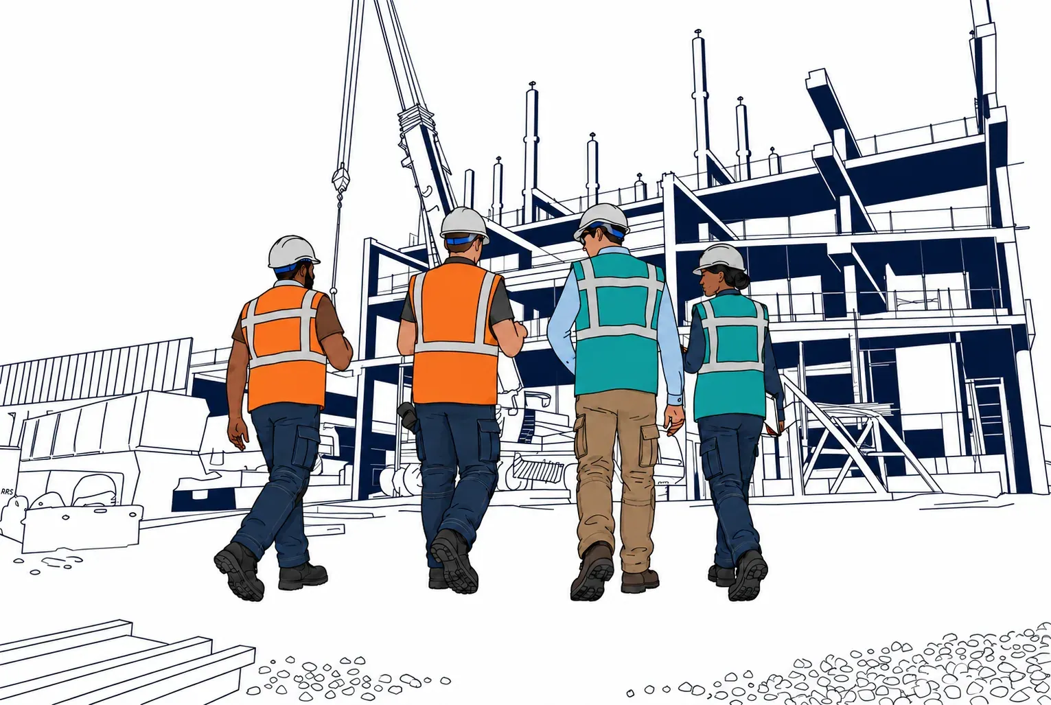 A high-performance construction team walking together toward a building under construction, wearing hard hats and hi-vis vests.