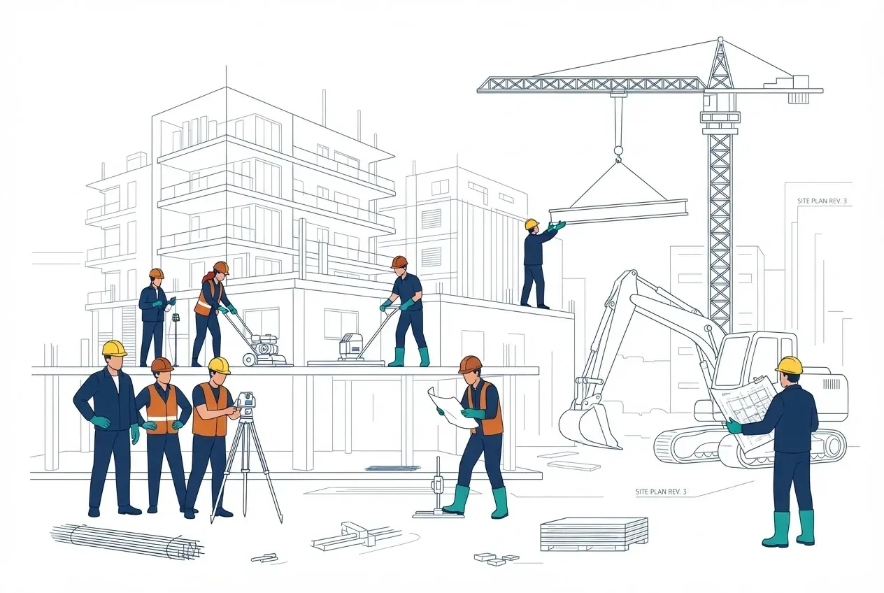 A construction crew working to a shared plan on an active jobsite, with workers, a surveyor, a crane, and an excavator all coordinating toward the same goal.