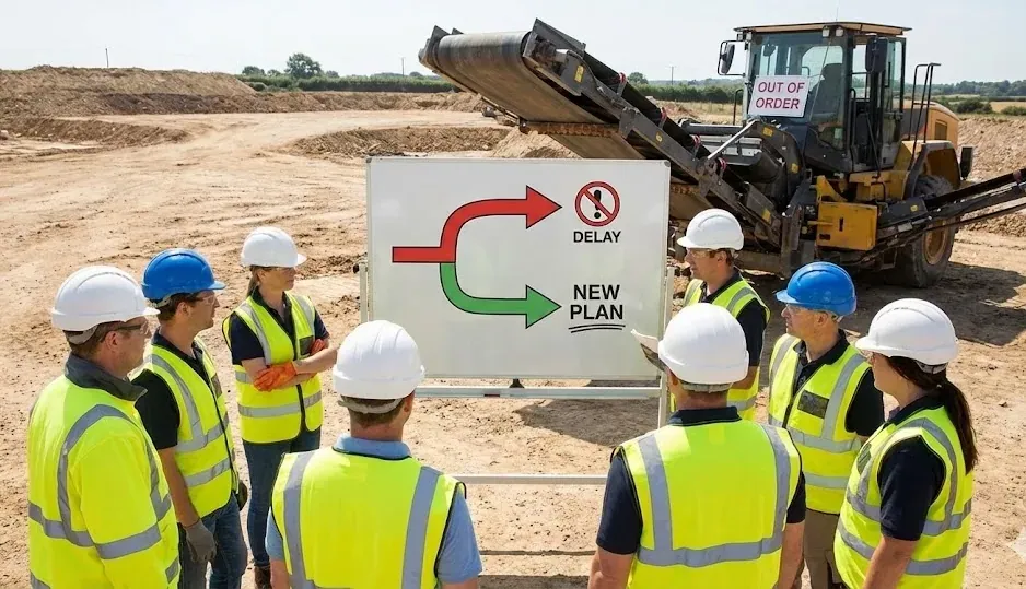 Construction crew at jobsite whiteboard showing Delay vs New Plan with broken-down equipment