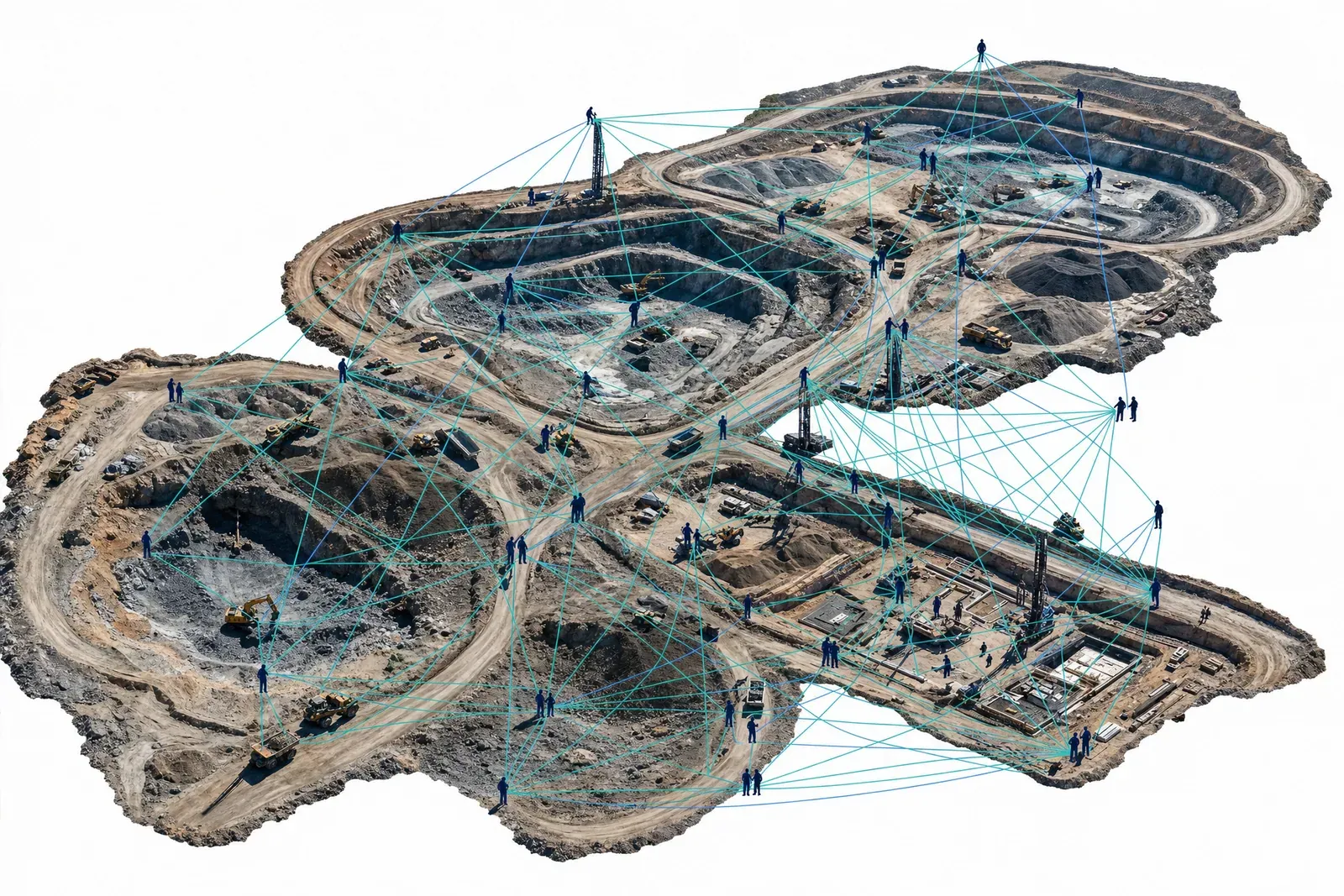 Aerial composite of open-pit mining and quarry sites showing workers, equipment, and haul roads connected by a web of teal lines, visualizing how field intelligence links frontline crews across a site