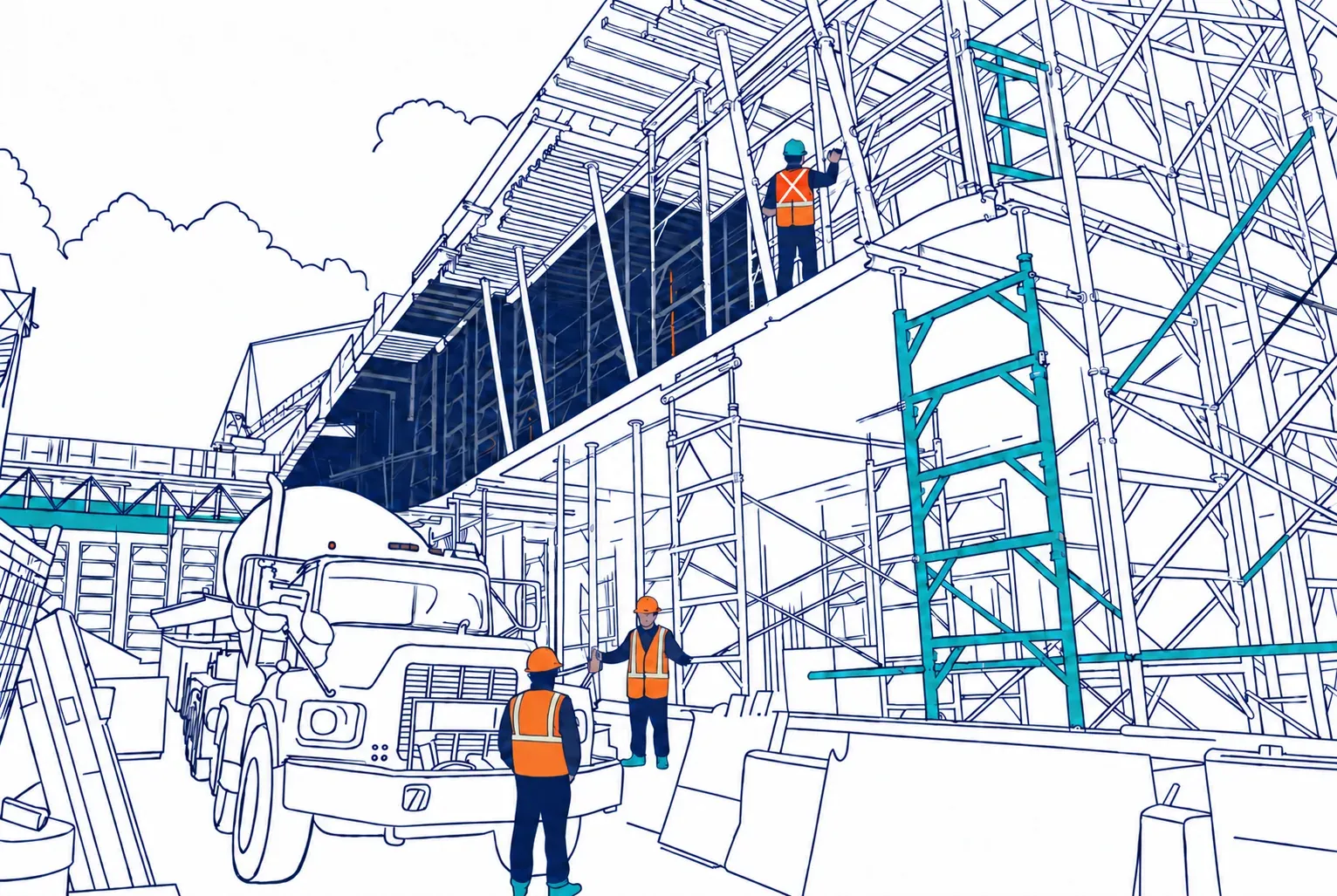 Construction workers in hard hats and hi-vis vests on an active jobsite with scaffolding, a concrete truck, and a building under construction.
