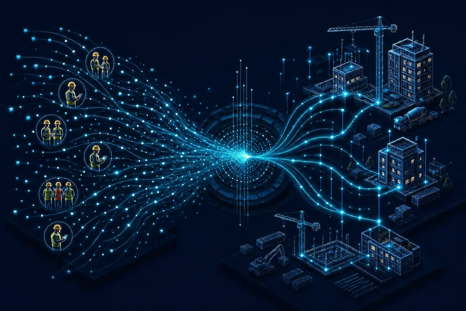 Illustration of construction workers on site connected through a digital data stream to a job site with cranes and buildings, representing Crewscope's AI-native field intelligence platform